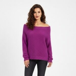 American Eagle Outfitters Women's Size Large Purple Fuzzy Off Shoulder Sweater